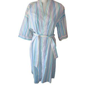 Deadstock Sentiments Pastel Striped Seersucker Cotton Robe Pink Blue Womens M